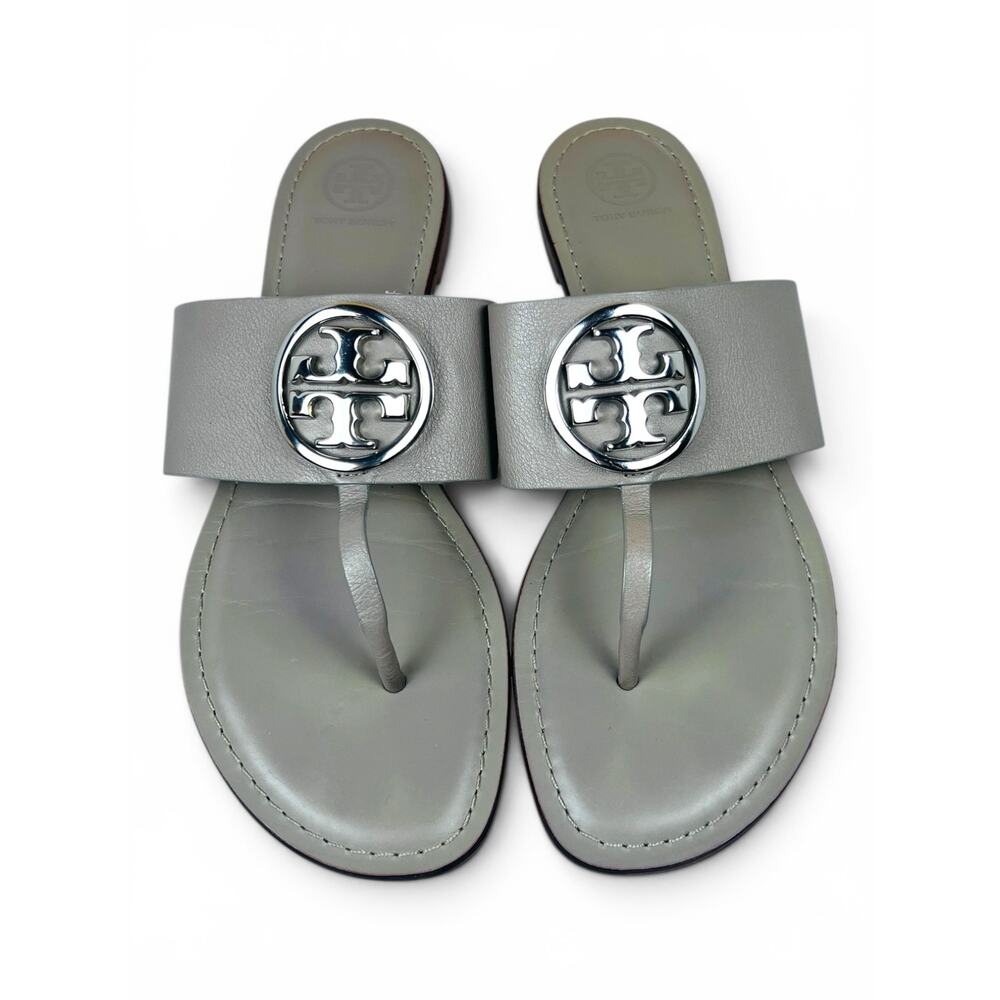 Tory Burch Benton Band Gray Heron Silver Leather Thong Sandals Size 10 - Picture 7 of 7